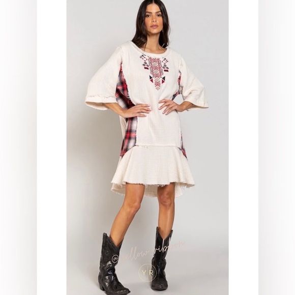 🆕 POL | Aztec Embroidered Detail Mini Dress Plaid Contrast - Picture 1 of 5